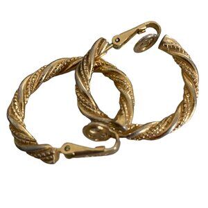 Vintage Gold Tone Braided Textured Hoops Clip On